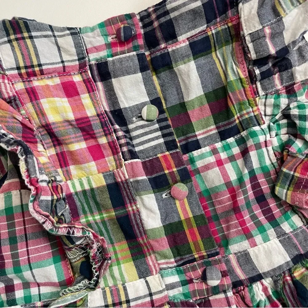 Ralph Lauren Dress Madras Plaid Ruffle Lined Cotton Sleeveless Blue Pink Green